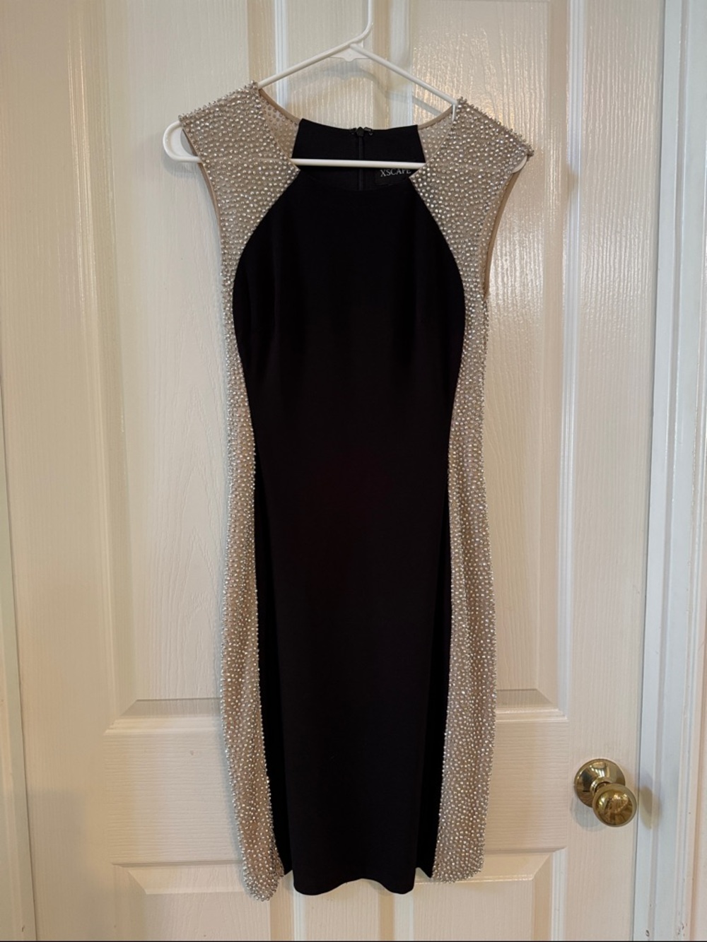 Xscape Black Lined Sheath Dress Caviar Beaded Panels Cap Sleeves Formal Evenings